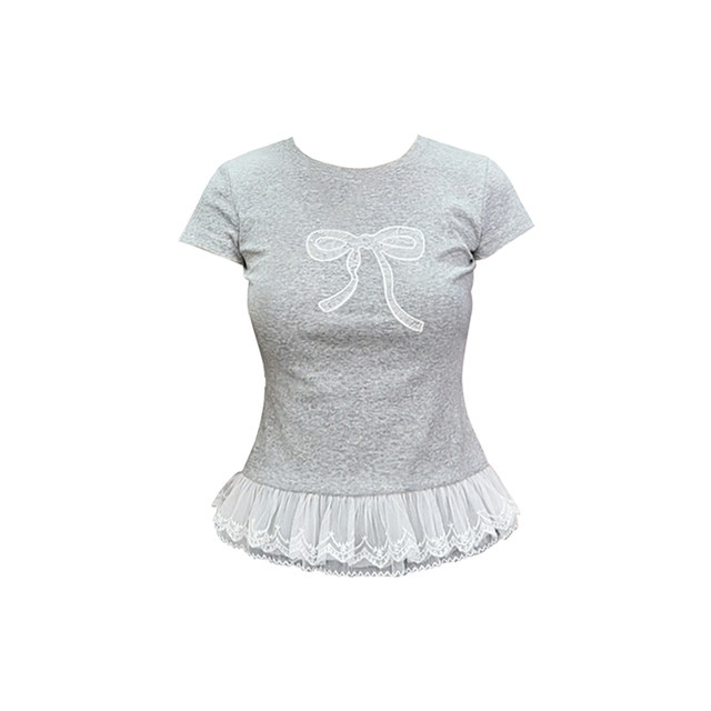 Gray embroidered lace bow short-sleeved T-shirt for women in summer new round neck slim slim short chic top