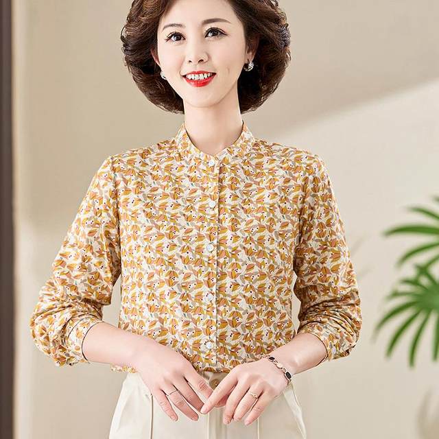 Fashionable young mother cotton long-sleeved small stand-up collar shirt, fashionable spring and summer middle-aged ladies floral cotton shirt trendy