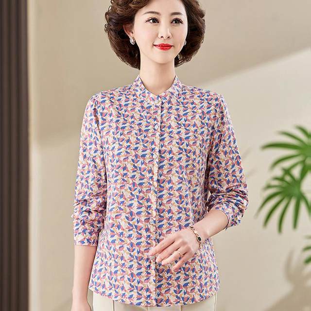 Fashionable young mother cotton long-sleeved small stand-up collar shirt, fashionable spring and summer middle-aged ladies floral cotton shirt trendy
