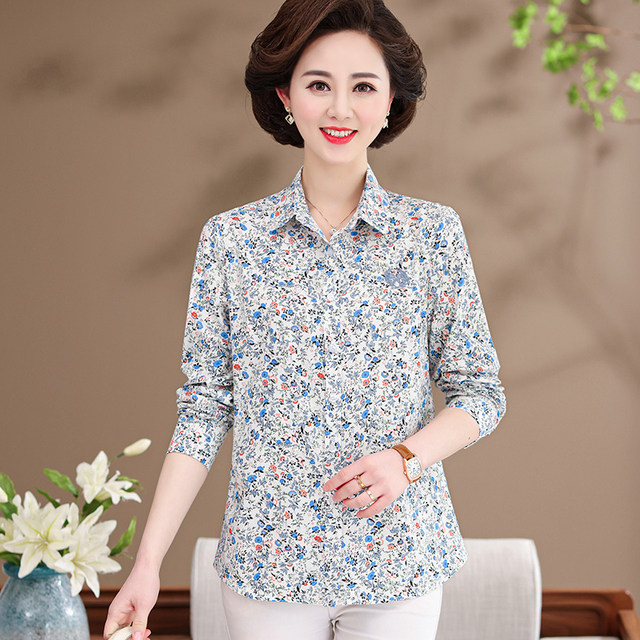 Middle-aged and elderly mothers wear pure cotton shirt for women long-sleeved cotton clothes for spring and autumn middle-aged mother-in-law top loose shirt fashionable
