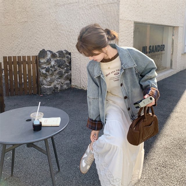 Plaid spliced ​​denim jacket for women in spring and autumn 2025 new Korean popular high-end short jacket tops