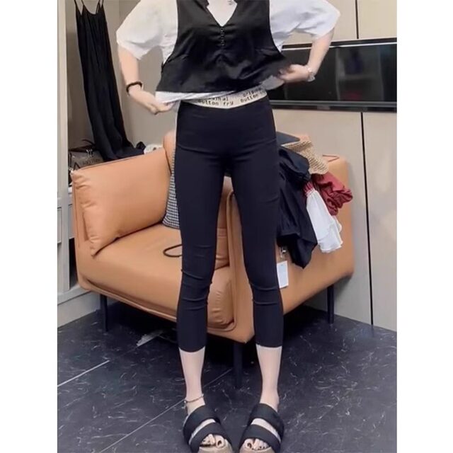 Black sunscreen mask pants for women 2025 new summer thin high waist tight skinny small 9-point cigarette pants