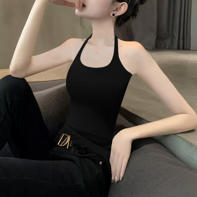 2025 new summer coffee color halterneck camisole women's knitted modal sexy chest pad base with beautiful back