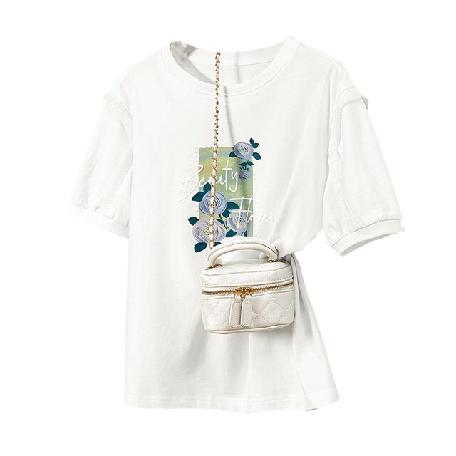Her Chi Yuanling T -shirt 2025 Summer New Women's Sweet Hot Diamond Printing Wood Ear Loose Leisure Top
