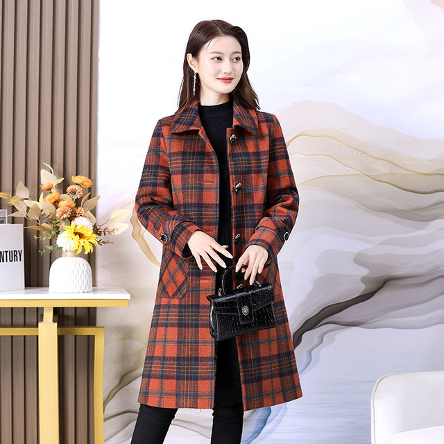 Mother's spring, autumn and winter cotton plaid long coat, middle-aged and elderly women's large size loose mid-length thickened coat