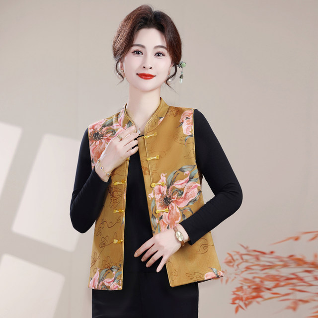 
New Chinese style spring and autumn thin mother's buckle vest middle-aged and elderly women's large size loose national style vest retro waistcoat