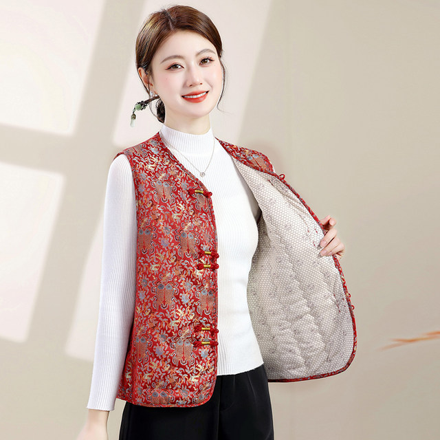 
Mom's autumn and winter plus cotton Chinese-style buckle vest for middle-aged and elderly women's large size loose cold-proof and warm new Chinese style vest