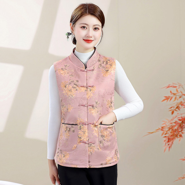 
Mom's new Chinese style autumn and winter buckle cotton vest middle-aged and elderly women's large size loose retro Chinese style top cotton horse clip
