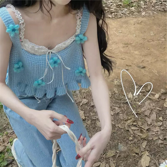 Japanese sweet pure desire wind tops overlap in summer knitted sling niche design cute flower sweater vest women