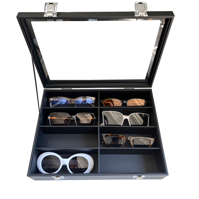 Advanced transparent glass cover glass storage box black leather velvet cloth multi-grid large-capacity sunglasses display stand
