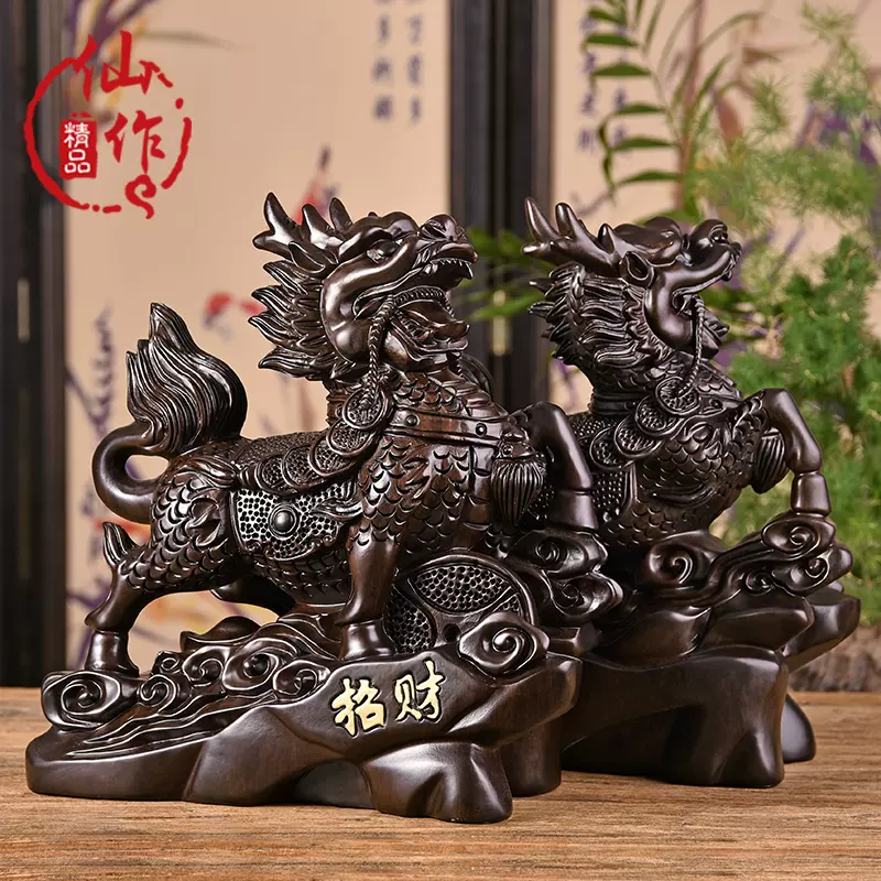 黑檀木雕麒麟摆件一对红木复古镇宅风水玄关大号摆设