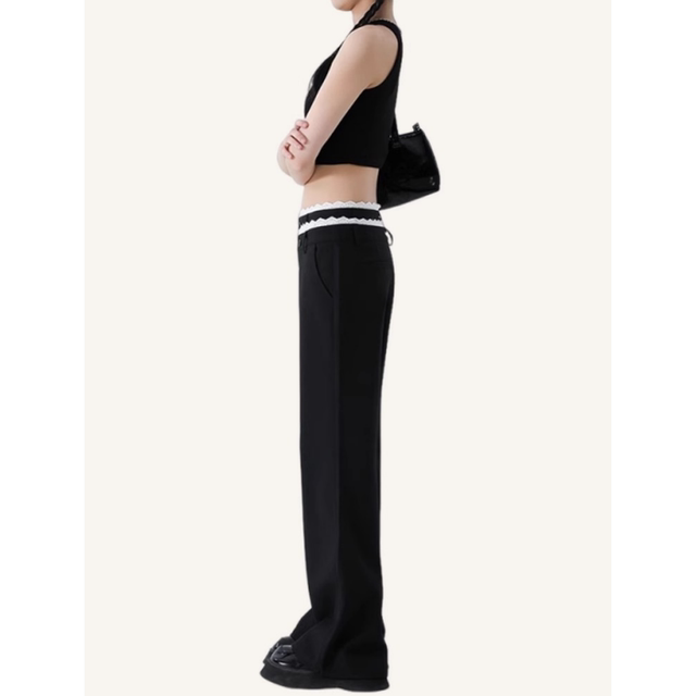 Large size black lace lace micro-flare trousers for women in summer American hottie straight-leg casual pants high waist wide-leg pants