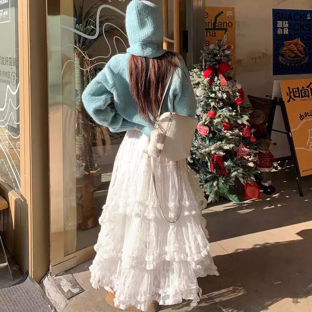Large size women's summer French flower lace skirt with gentle temperament and sweet princess fluffy cake long skirt