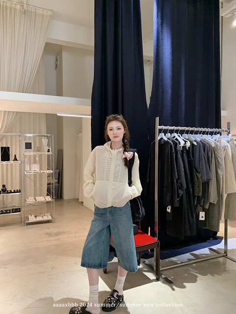 aaaaxbbb Vlaca Street Bench Washed Denim Mid-Pants American Retro Loose Slim Cropped Pants Women