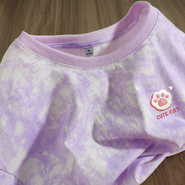 KV Zhenweis pink tie-dyed short-sleeved T-shirt for women 2025 new summer pure cotton t-shirt loose slimming top

