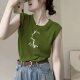 Green hot girl sleeveless vest for women in summer European goods shoulder top design niche thin ice silk knitted T-shirt
