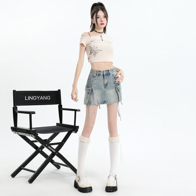 2024 European and American street style workwear pocket long tether slim short skirt versatile denim short skirt trendy (including lining)
