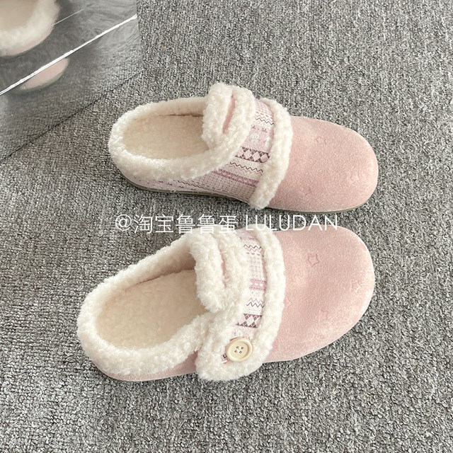 Lurudan furry thick-soled slippers for winter outer wear plus velvet Birkenstock shoes toe-toe half slippers 2025 new cotton slippers
