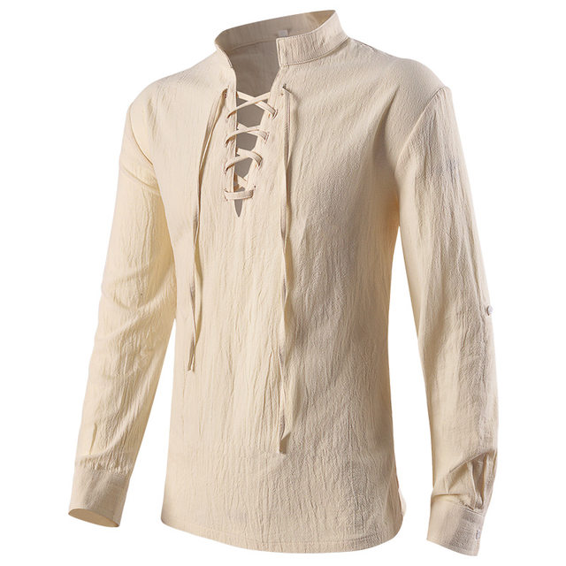 European and American retro men's stand-up collar tied rope solid color shirt, medieval long-sleeved loose game clothing stage dress