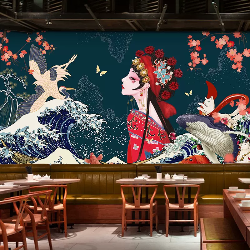 创意中国风脸谱京剧花旦壁画中式餐馆火锅饭店壁纸国潮风装修