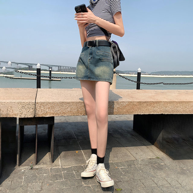 2025 summer new denim short skirt for women high waist retro old sweet and spicy hip slim skirt miniskirt