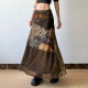 DARLINGAGA vacation style retro spliced ​​printed mesh skirt for women's brown versatile hip straight long skirt