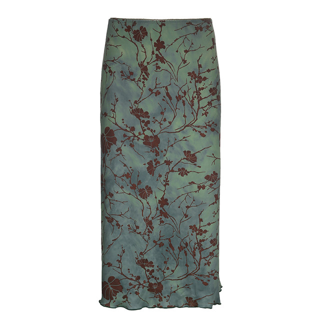 DARINGAGA new Chinese dark pattern print retro skirt for women with high waist smudged black ears versatile midi skirt