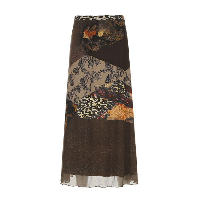 DARLINGAGA vacation style retro spliced ​​printed mesh skirt for women's brown versatile hip straight long skirt