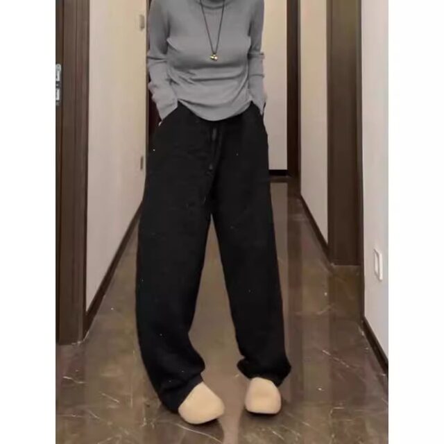 2383# regular 53 casual pants for women in autumn and winter new large size lazy style slim and iron diamond wide-leg cotton pants
