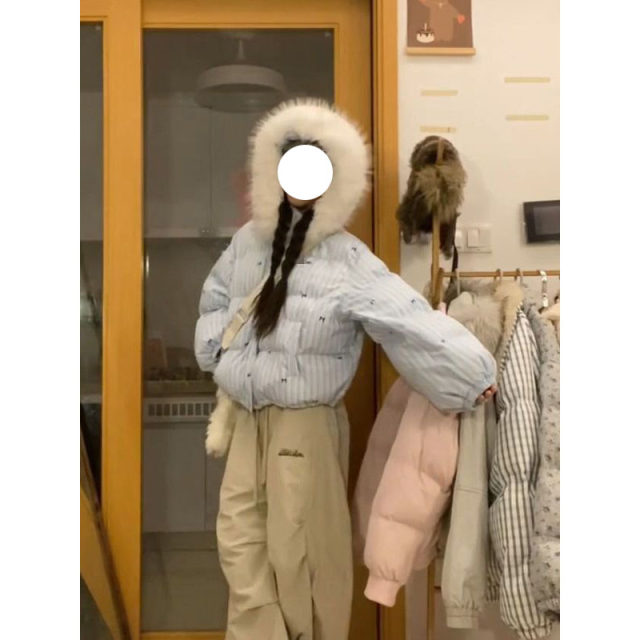 New winter Korean retro bow printed striped cotton coat for female students loose hooded wool collar warm cotton suit