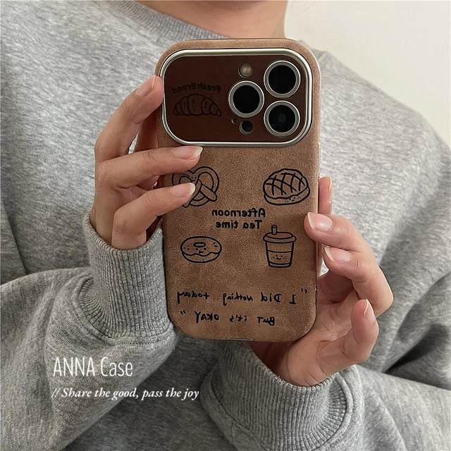 ANNACASE Korean brown line bread coffee large window suitable for iphone17promax apple 15pro mobile phone case 14 new 16 all-inclusive 16 Promax anti-fall protective cover soft