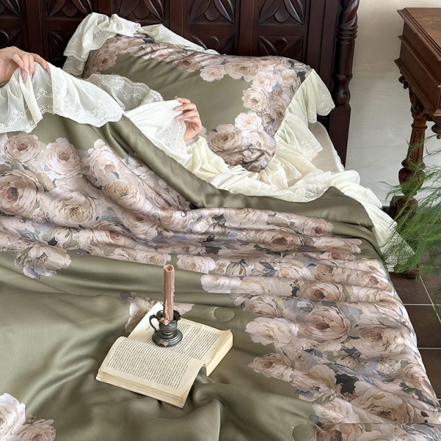 French summer retro sky summer cool quilt four-piece set washable silky thin quilt air conditioning quilt bed skirt bedding