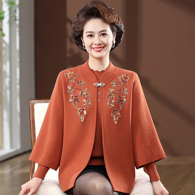 Middle-aged and elderly mothers' new autumn and winter two-piece sweater tops and grandma's outfits with western style embroidered knitted cardigan sets