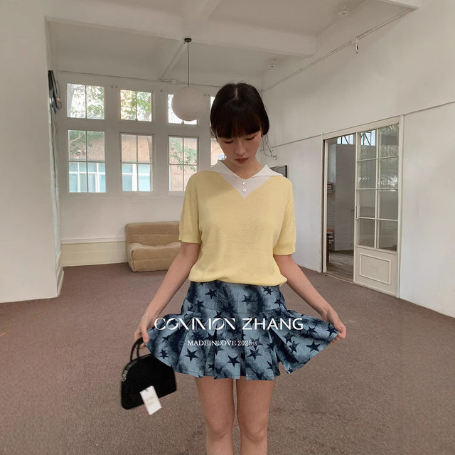 
CZ ZHANG spring retro old bow reduces age texture plaid stripes a line pleated skirt women B12391