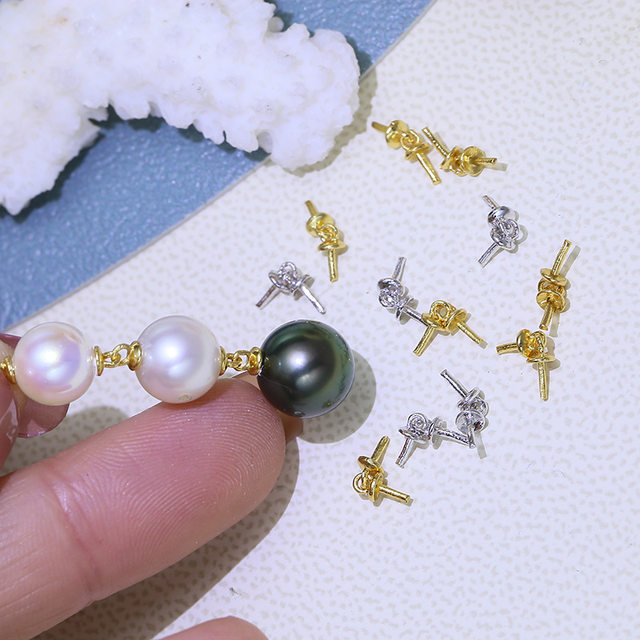 diy accessories S925 sterling silver pearl earrings pendant extended connector double bead cap empty holder semi-finished silver holder