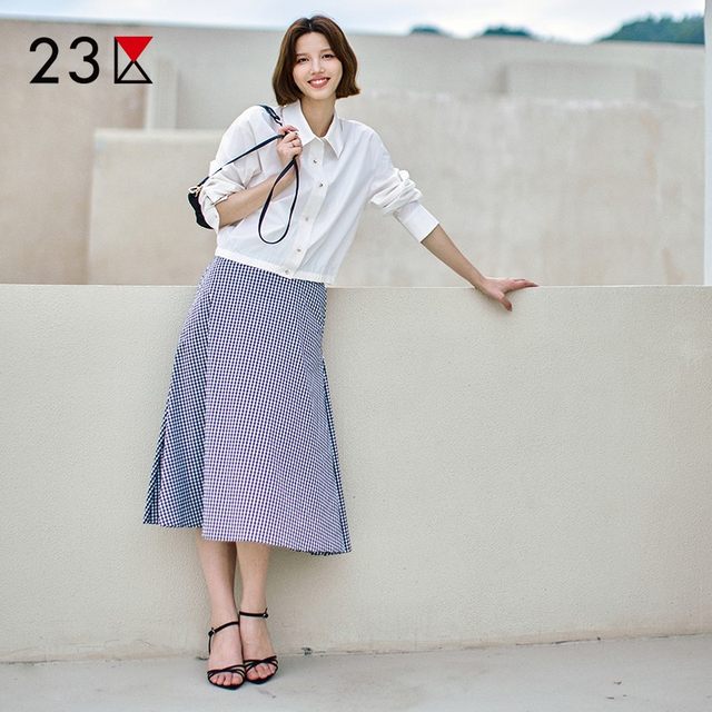 Area 23 Japanese spring and summer commuting loose version cotton blended fine lattice over-knee skirt A-line flared skirt shopping mall style