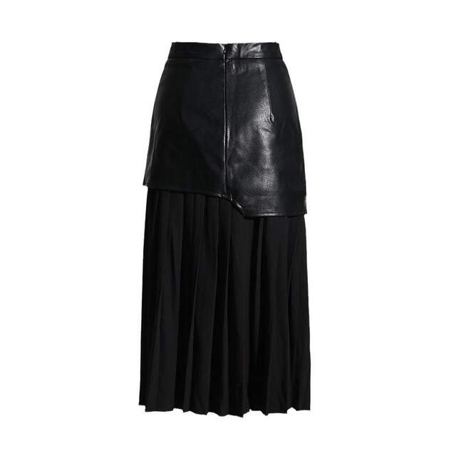 New style street style mid-length leather skirt high waist spliced ​​pleated irregular skirt women's mid-length skirt
