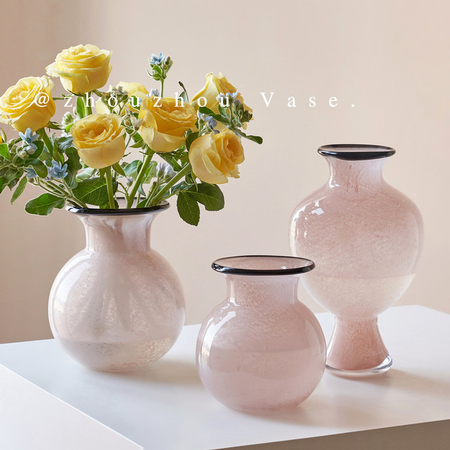 
Zhouzhou's pink glass vase, small mouth and big belly vase, new Chinese style water-raised tall-footed flower ware, home glass ornaments