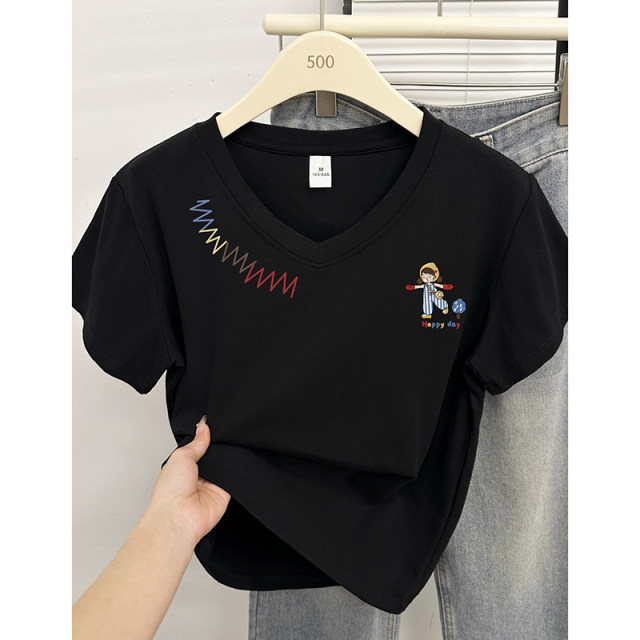 2025 summer new design V-neck front shoulder short-sleeved T-shirt for women with slimming and flesh-covering basic versatile top