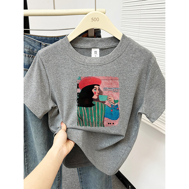
Retro and fashionable design-like printed front shoulder short-sleeved T-shirt women's navy blue large-size casual and versatile round neck top