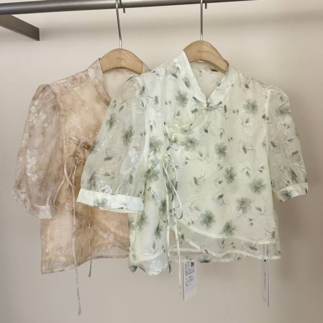 Short-sleeved stand-up collar floral shirt for women 2024 summer new Chinese style shirt top mid-length skirt

