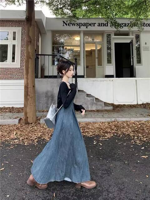 Black knitted cardigan sweater contrasting color splicing strapless denim dress high-end temperament two-piece suit