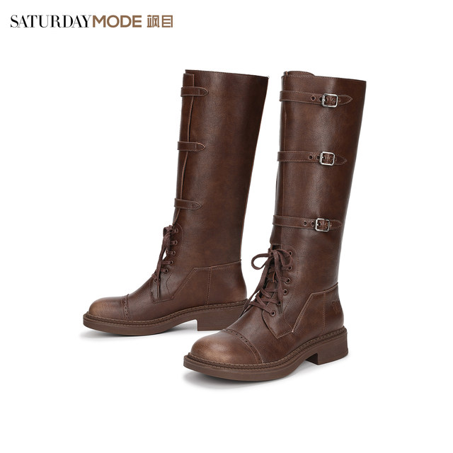 Saturday high tube knight boots for women's new winter Maillard retro belt buckle thick-soled Martin boots