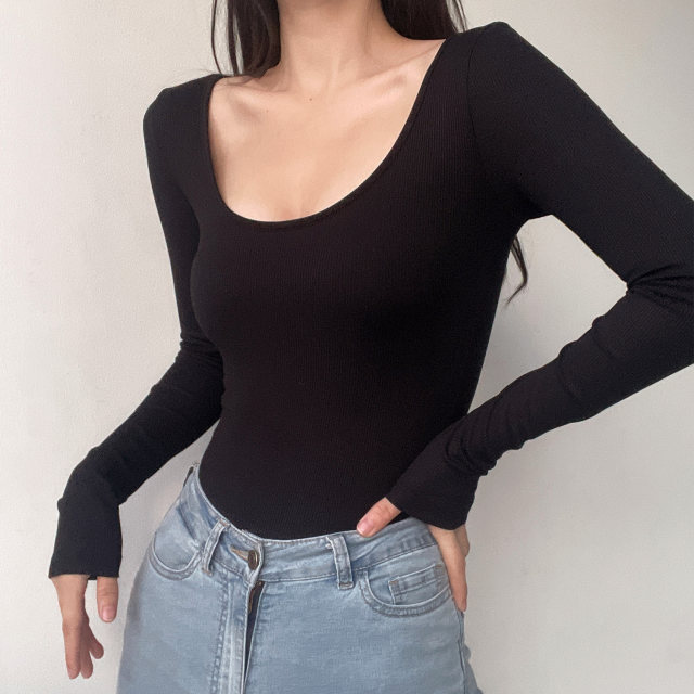 BERAN European and American sexy simplicity base round collar, thin pure color long -sleeved T -shirt bottom shirt