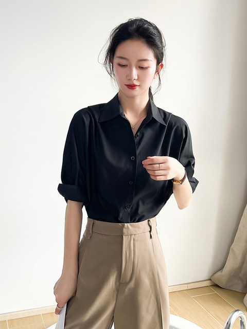 Black half-sleeved shirt for women, fashionable and high-end professional OL commuting versatile thin mid-sleeved slim shirt for summer