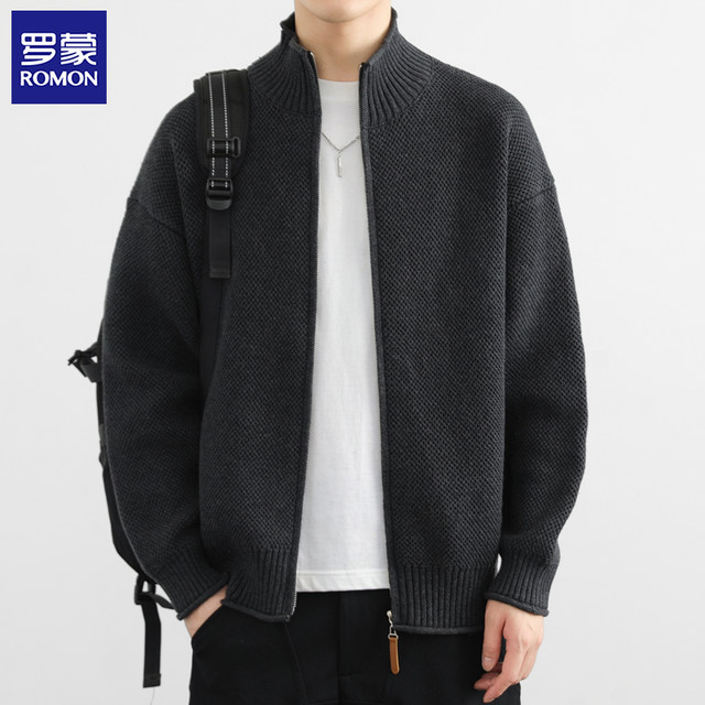 Luo Meng Cardigan Jacket Men's Spring and Autumn New Tide Brand Advanced Leisure Stand -collar Jacket Loose Knit Sweaters
