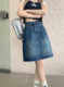 Retro -made old denim skirt skirt female 2024 autumn high waist and thin pear -shaped wearing A -line long skirt