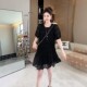 High-end round neck pleated texture short-sleeved dress for women 2025 summer new fashionable slim A-line midi skirt