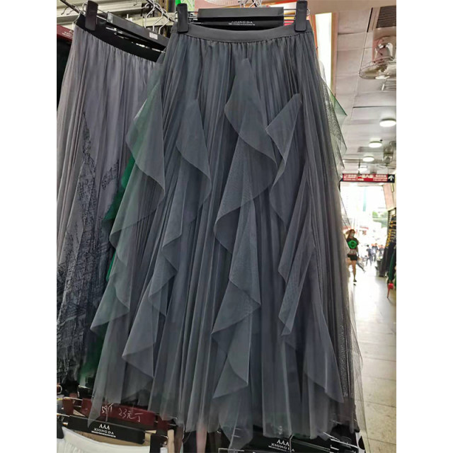 2025 Spring and Autumn New Irregular Ruffled Vulgar Fairy Skirt Mid-length High Waisted Gauze Skirt Long Skirt

