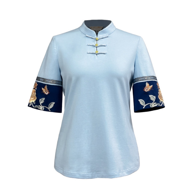 Summer Chinese style versatile fashion casual slim retro daily commute women's middle sleeve T -shirt embroidered Chinese top
